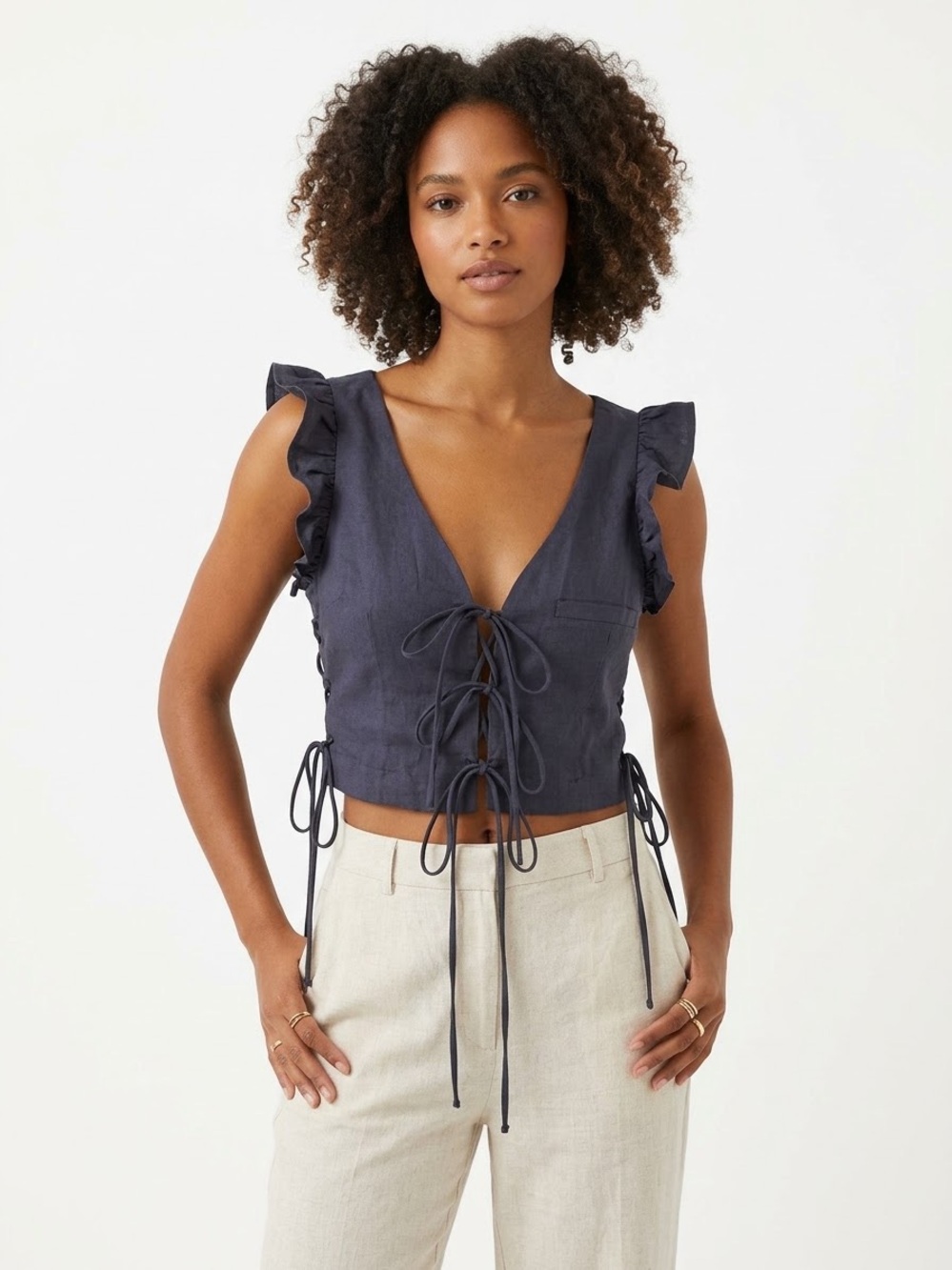 Ruffle-Sleeve Lace-Up Crop Top in Navy